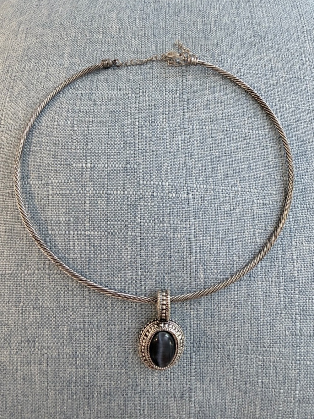 Silver-Tone Cable Choker Necklace with Black Oval Pendant